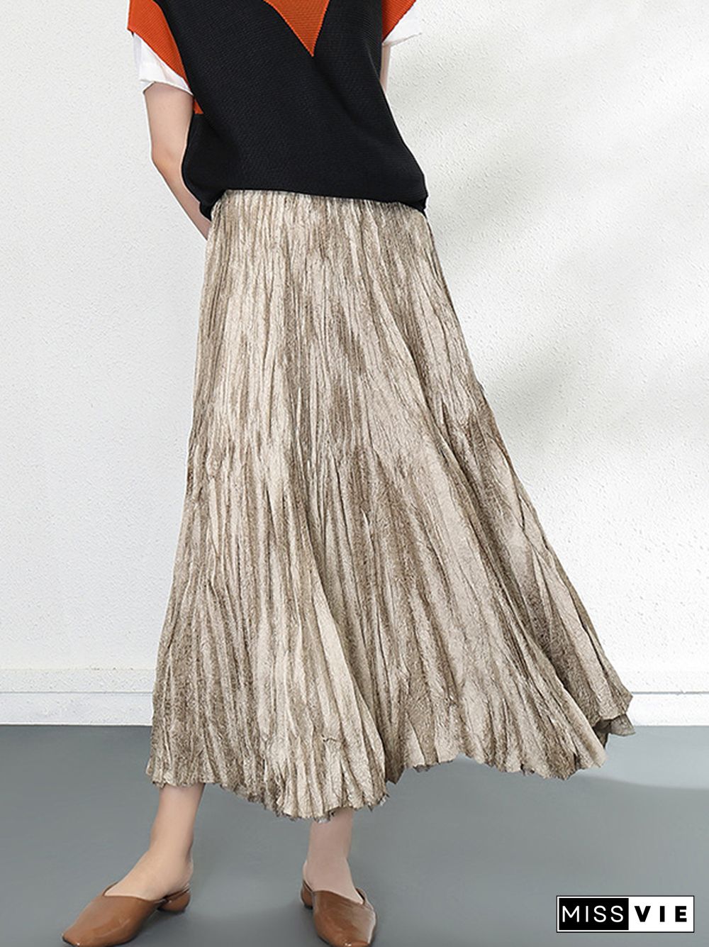 A-Line High Waisted Elasticity Pleated Solid Color Skirts Bottoms