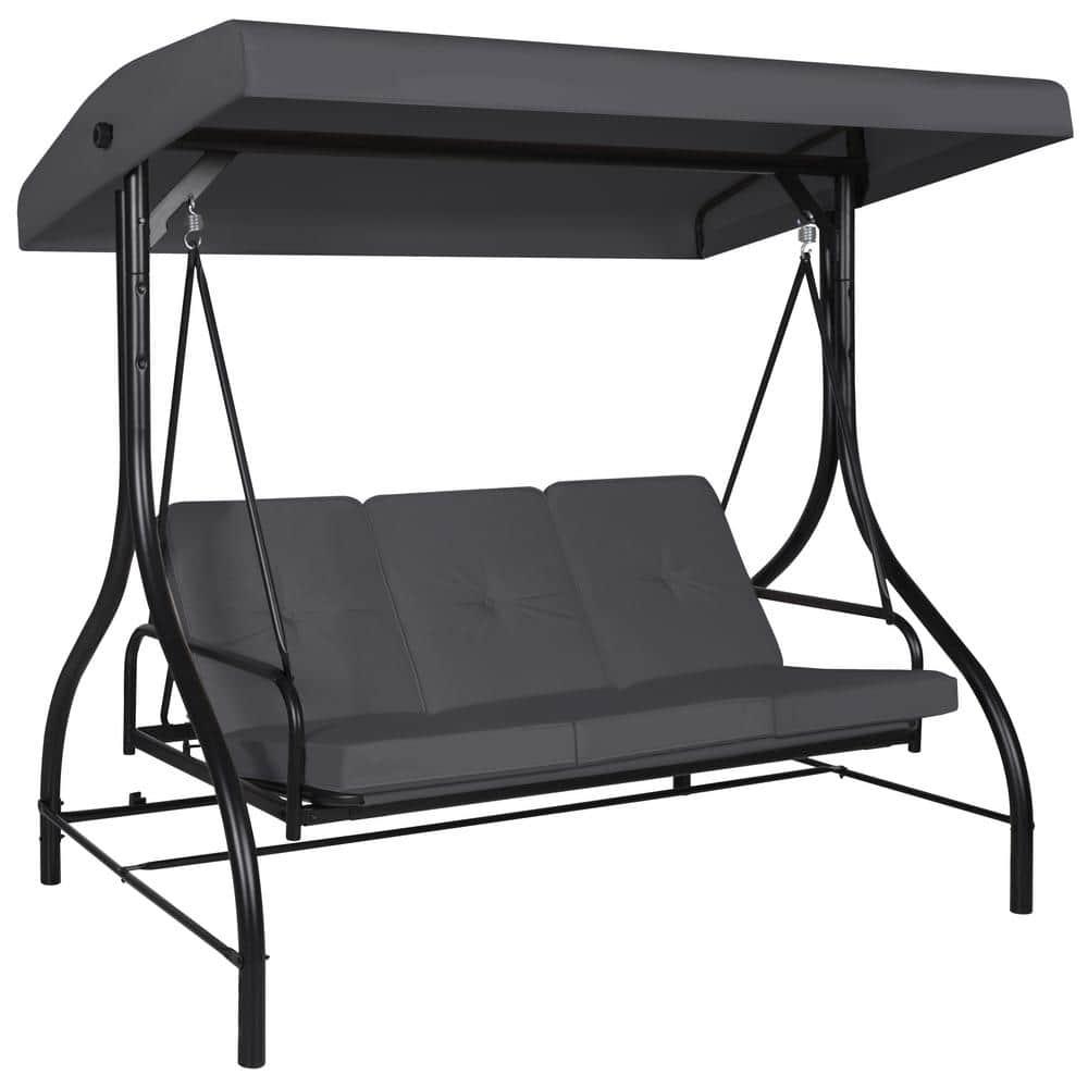 VEIKOUS 3Seat Converting Canopy Patio Swing Steel Lounge Chair with Cushions in Dark Grey