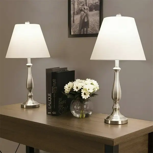 Set of 2 Brushed Steel Table Lamp Set with Shades Led Bulbs Included - 13