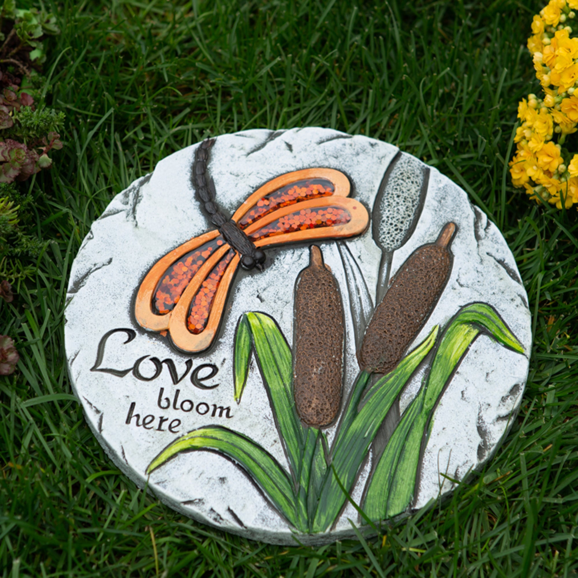 10.75" White and Green "Love Bloom Here" Outdoor Garden Stepping Stone