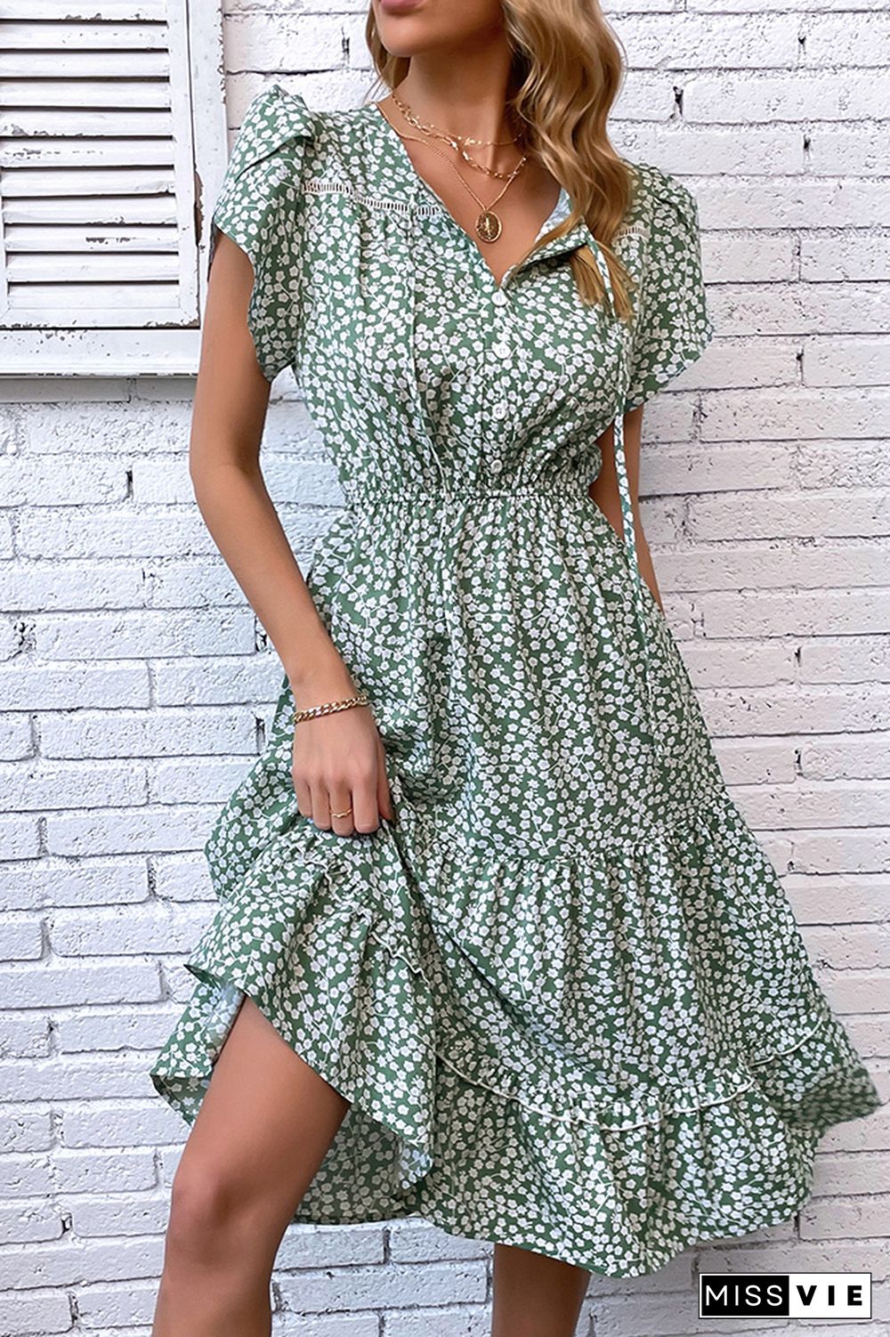 Green Flower Print Elastic Wasit Splicing Dress