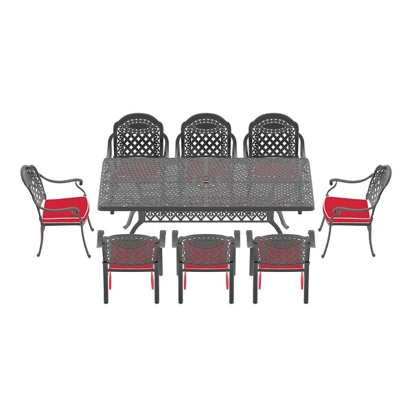 7/9Piece Cast Aluminum Outdoor Dining Set with 82.68'' L X 41.34'' W Rectangular Table and Random Color Seat Cushions