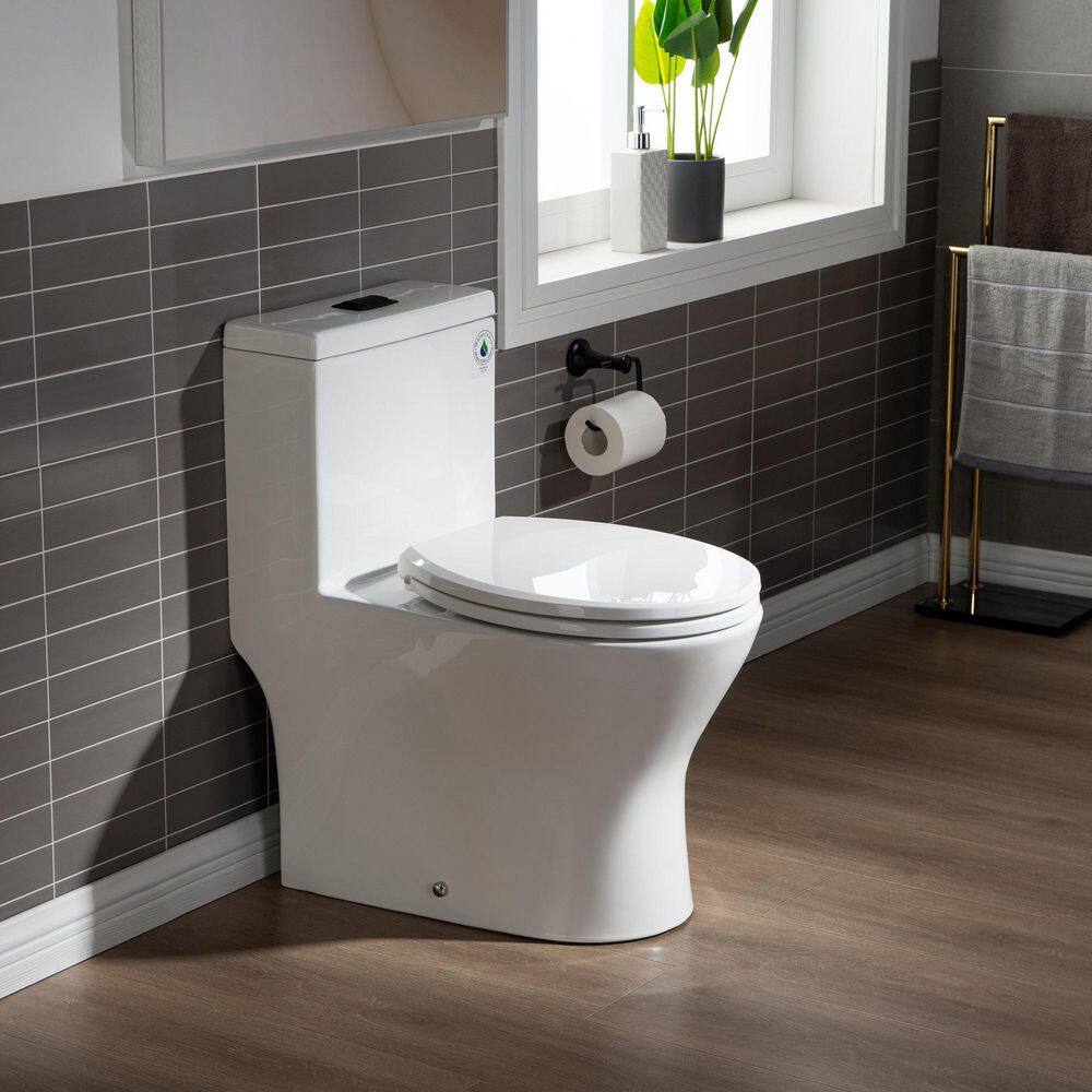 WOODBRIDGE Reo 1-Piece 1.28 GPF High Efficiency Dual Flush Round All-In One Toilet in White with Soft Closed Seat Included HB0500MB