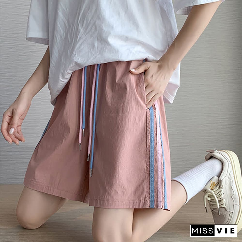 Stripe Print Drawstring Casual Shorts