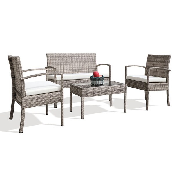 4 pieces Outdoor PE Rattan Weaving Wicker Conversation Sets， Beige - Overstock - 37882934