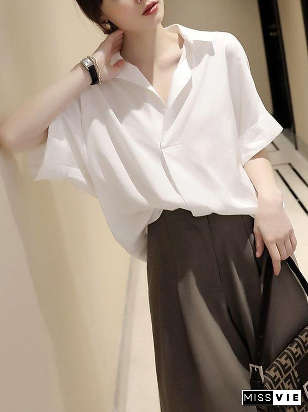 Simple Solid Color Batwing Sleeves Blouse