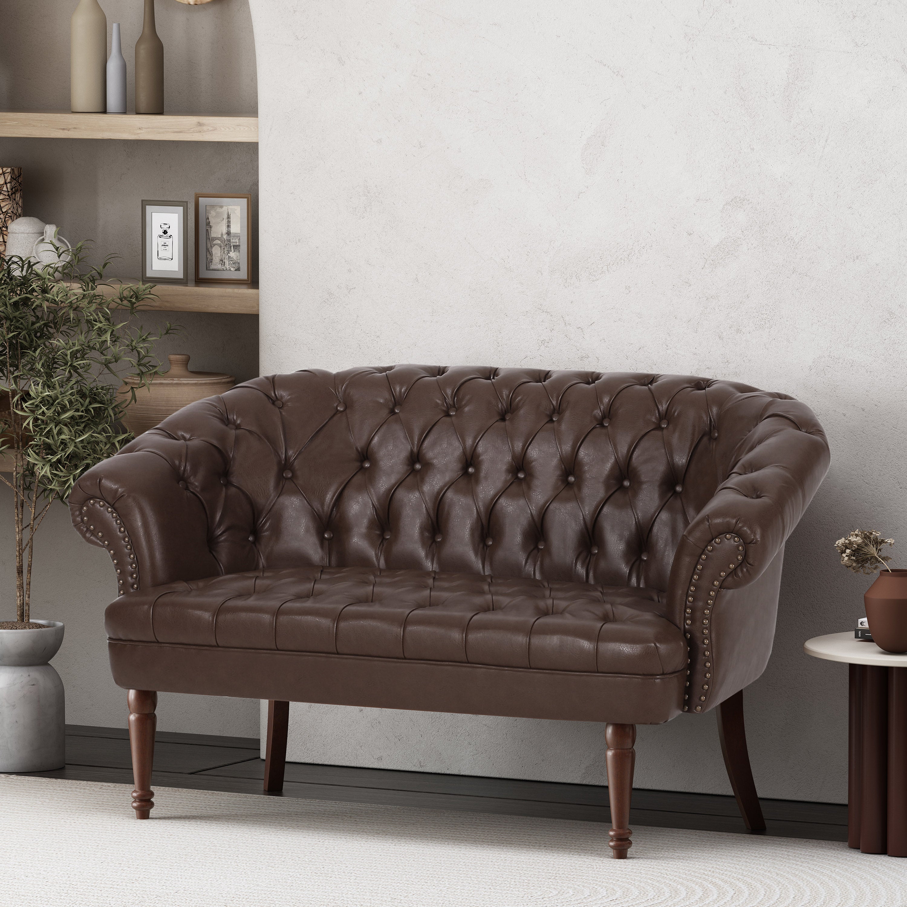 Trask Contemporary Leather Tufted Loveseat with Nailhead Trim