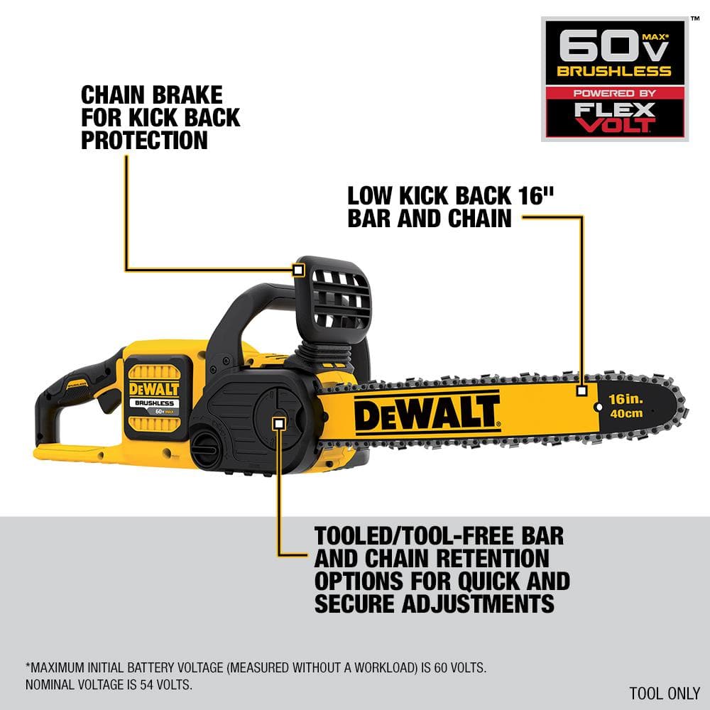 DEWALT 60V MAX 16in. Brushless Battery Powered Chainsaw Kit with (1) FLEXVOLT 3Ah Battery & Charger DCCS670X1