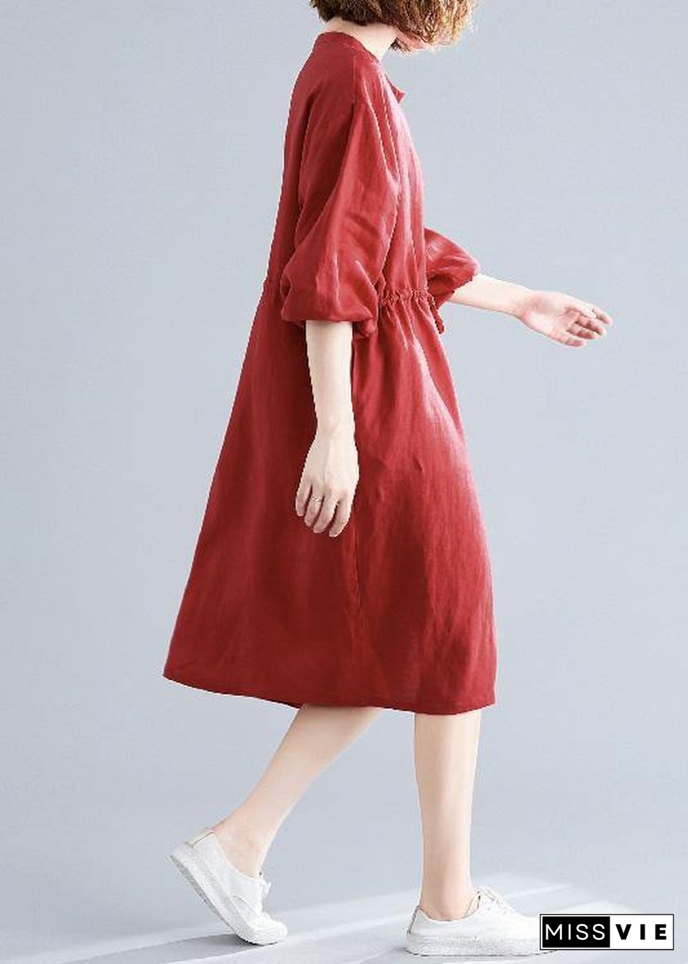 DIY o neck drawstring linen cotton quilting dresses red Shirts Dresses fall