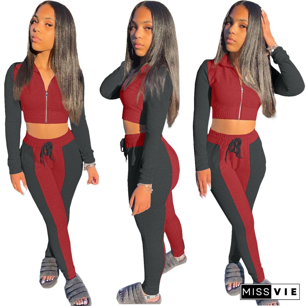 Color Patchwork Zipper Crop Top Skinny Pants Set