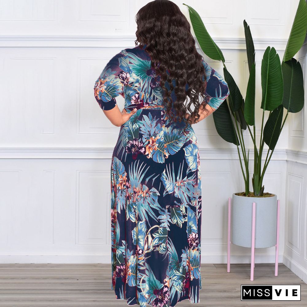 V Neck High Waist Vintage Plus Size Maxi Dress