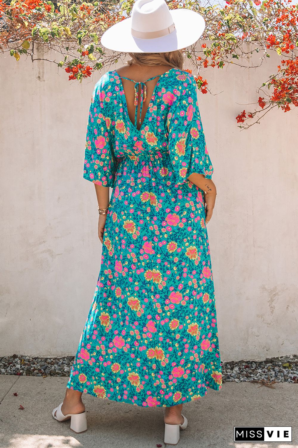 Green Boho Deep V Neck Floral Maxi Dress