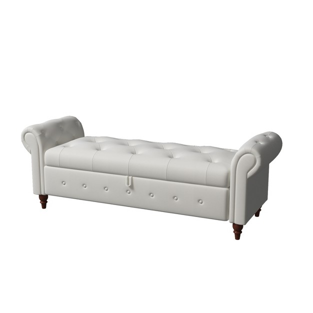 Button tufted Large Storage Ottoman Upholstered Fabric Bench Features Rolled Arms Window Seating And Solid Wood Legs maison Boucle