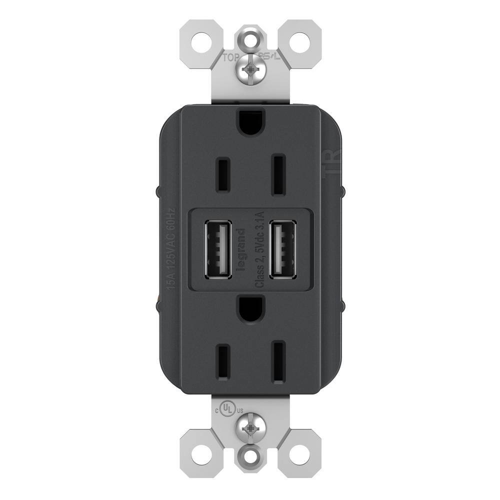 Legrand radiant 15 Amp 125 Volt Duplex Outlet with 3.1 Amp USB Graphite TM826USBGCCV4