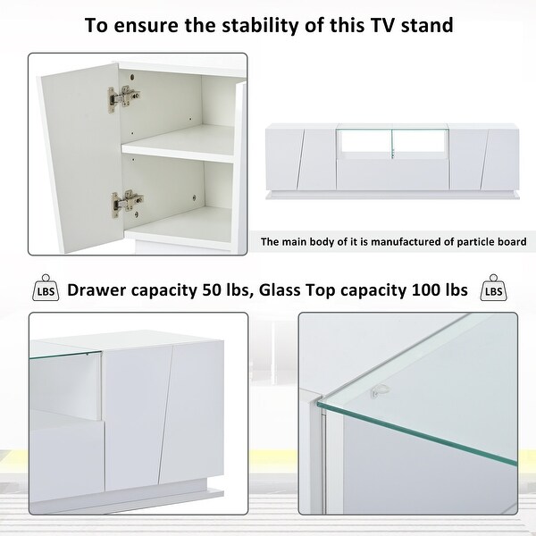 Tempered Glass TV Stand with Sorage and LED Color Changing Lights