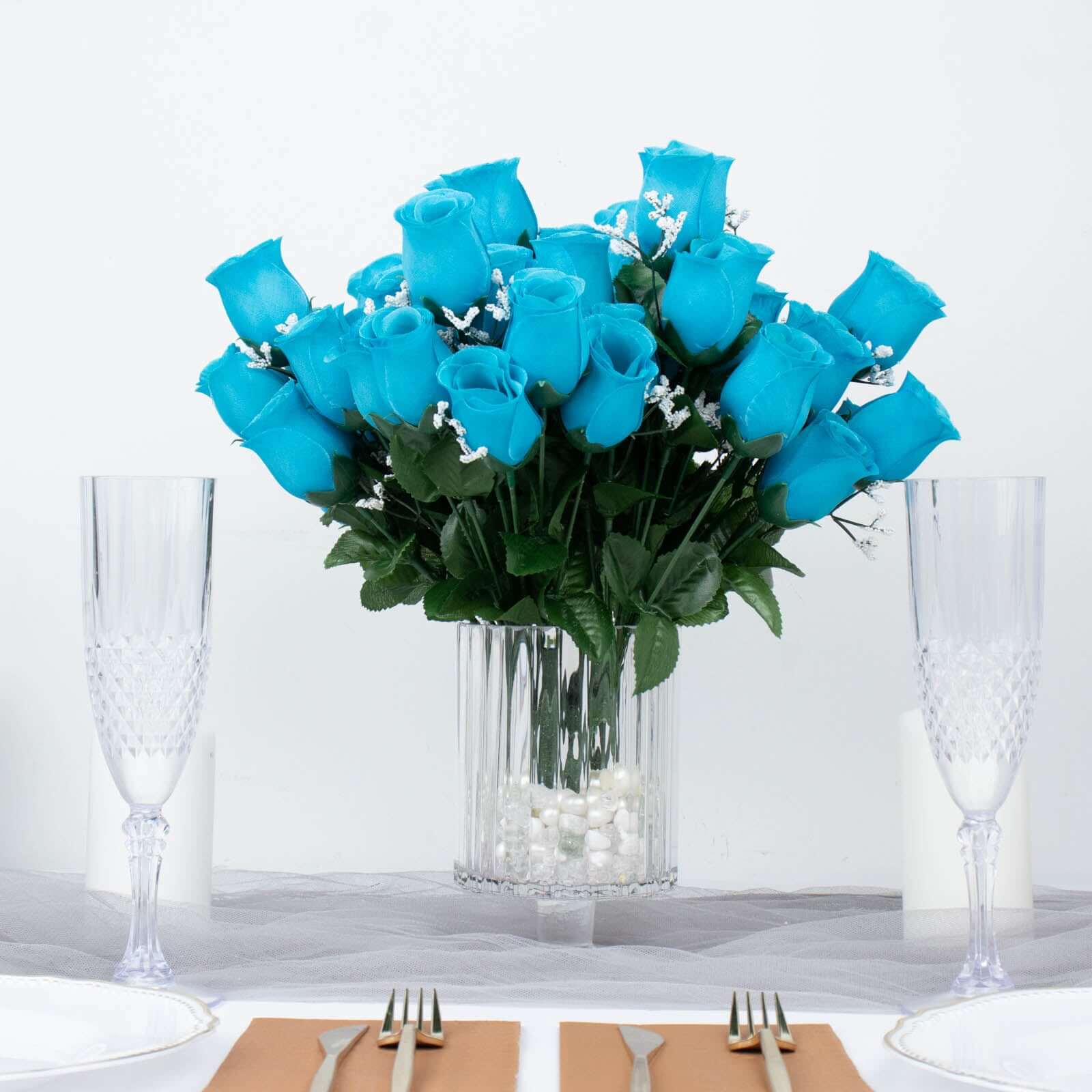 12 Bushes Turquoise Artificial Premium Silk Flower Rose Bud Bouquets