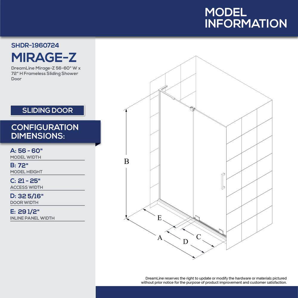 DreamLine Mirage-Z 60 in. W x 72 in. H Frameless Sliding Shower Door in Brushed Nickel SHDR-1960724-04