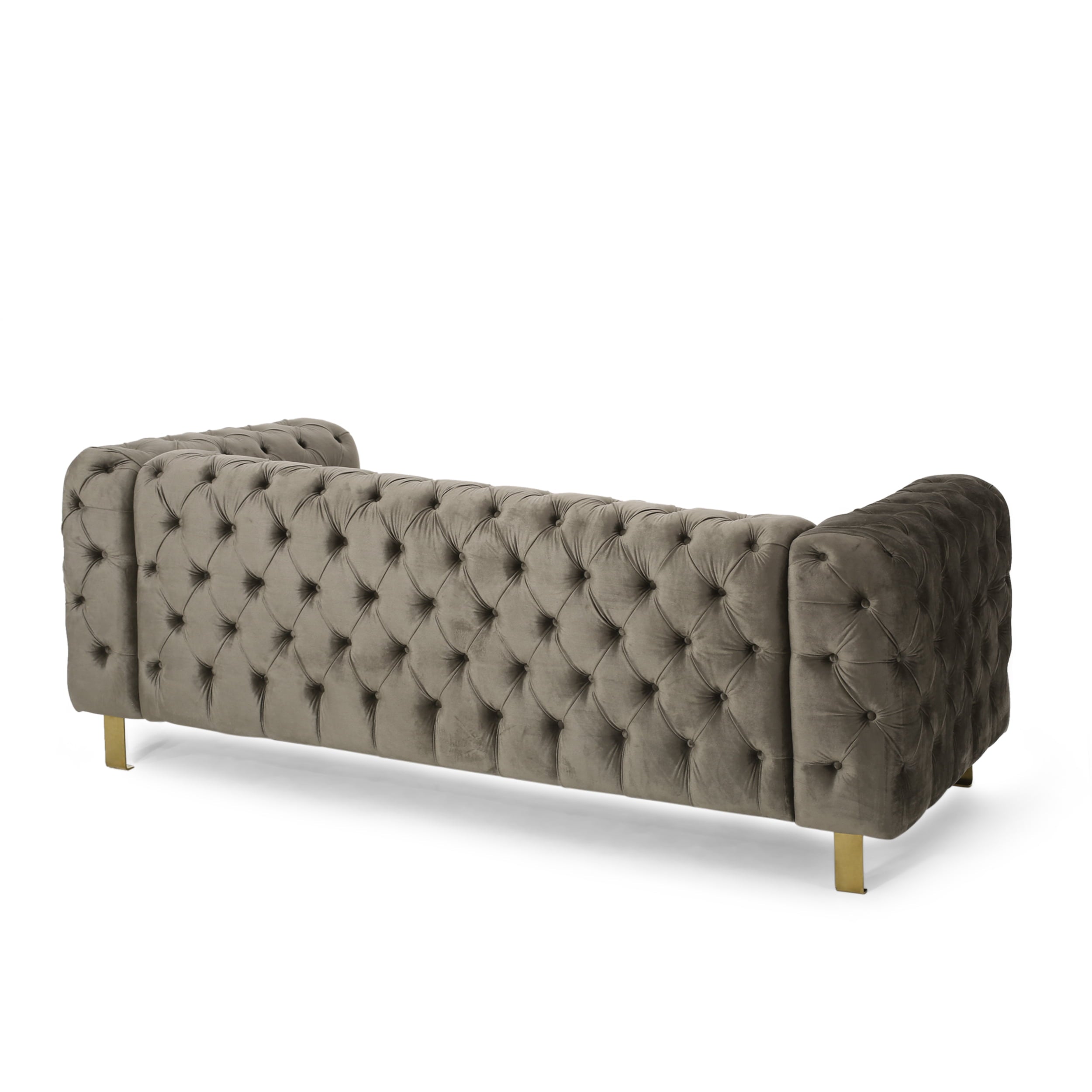 Noble House Addyston Velvet Tufted 3 Seater Sofa, Gray and Gold