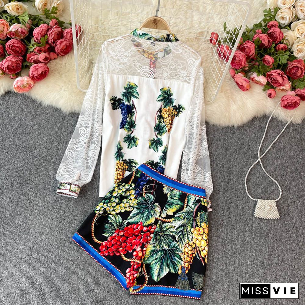 Spring Summer Runway Two Piece Set For Women Designers Fruit Print Lace Shirt And Shorts Suit Party Beach Female Suits Outfit