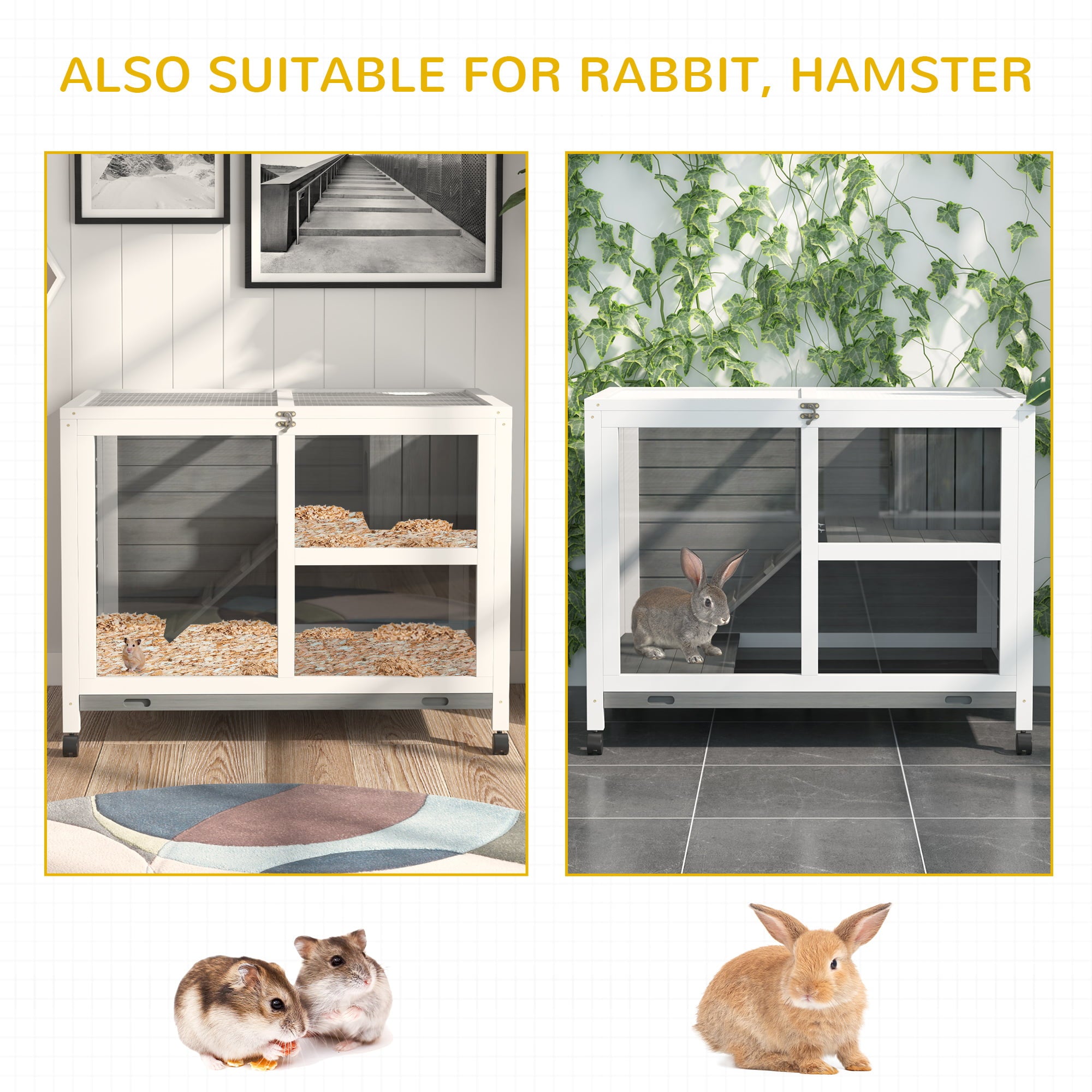 PawHut Indoor Rabbit Hutch with Wheels， Desk and Side Table Sized， Wood Rabbit Cage， Waterproof Small Rabbit Cage， Gray