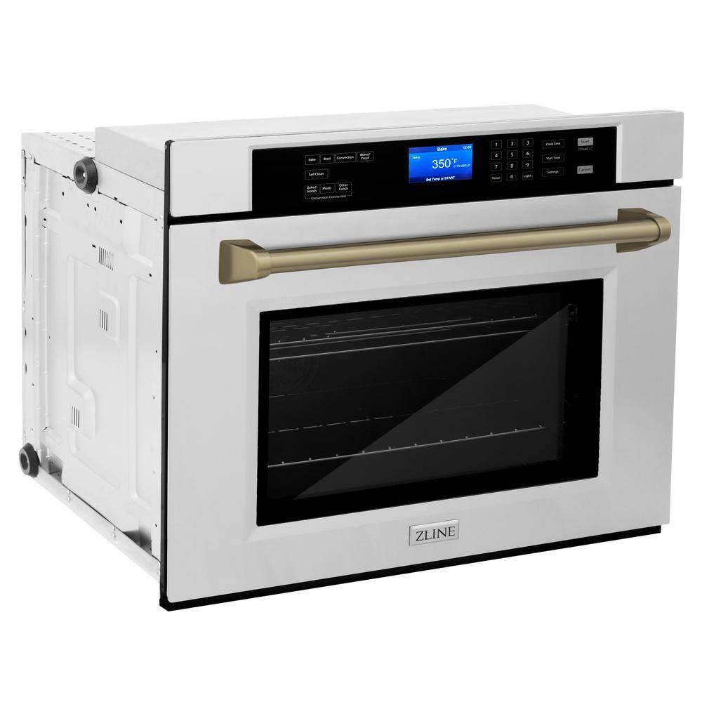 ZLINE Kitchen and Bath Autograph Edition 30 in. Single Electric Wall Oven with True Convection and Champagne Bronze Handle in Stainless Steel AWSZ-30-CB