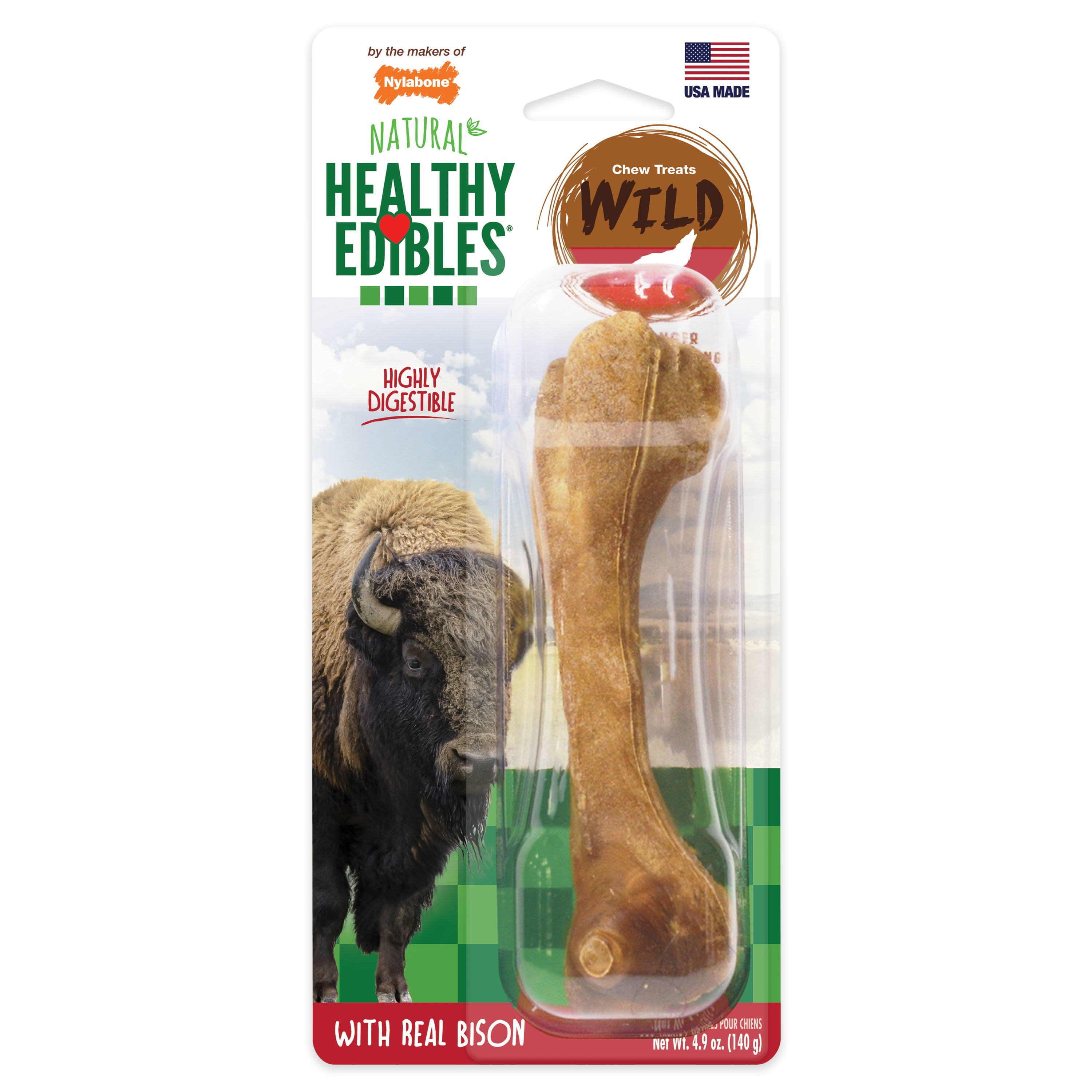 Nylabone Healthy Edibles WILD Natural Long Lasting Bison Flavor Dog Chew Treats Wild Bone Large/Giant (1 Count)