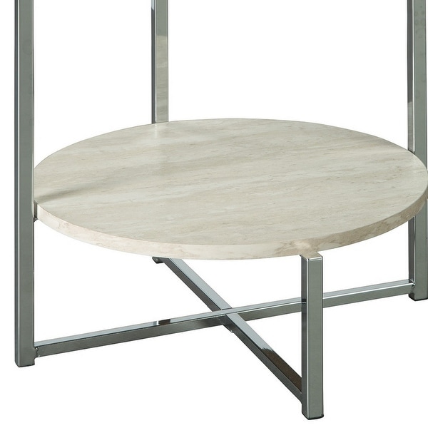 48 Inches Round Glass Top End Table with Stone Shelf， Clear and Chrome - Clear and Chrome - 24 H x 17 W x 17 L Inches