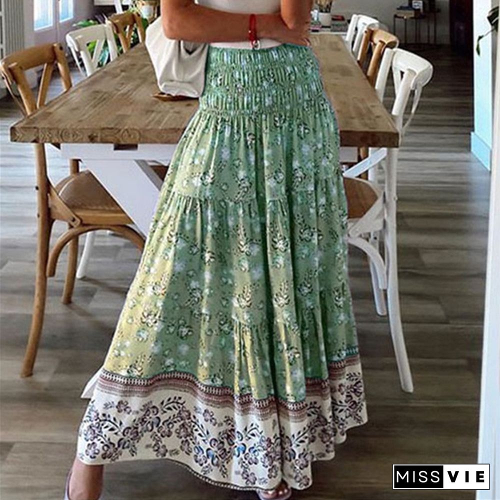 Plus Size Skirt Boho Style Floral Printed High Waist Skirt Holiday Beach Long Skirt Jupes