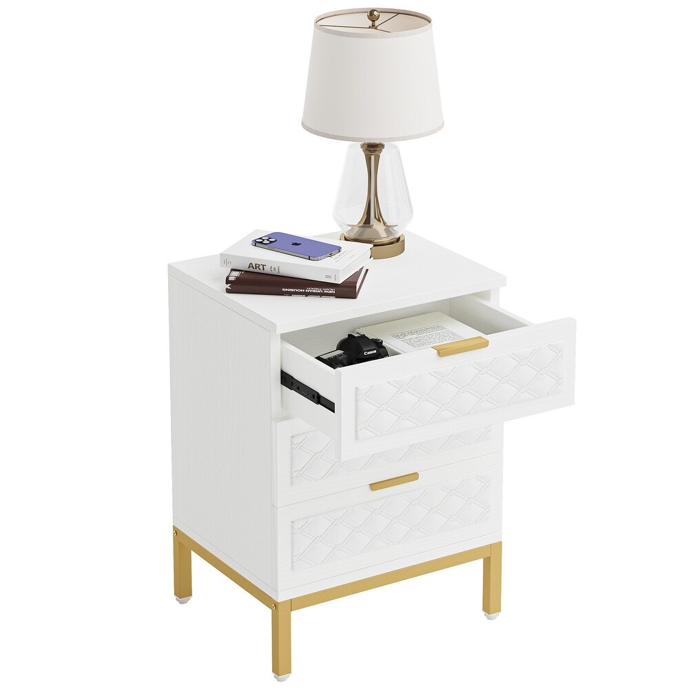 3 Drawer Nightstand  Modern Beside Table End Table with Storage Drawers and Gold Legs