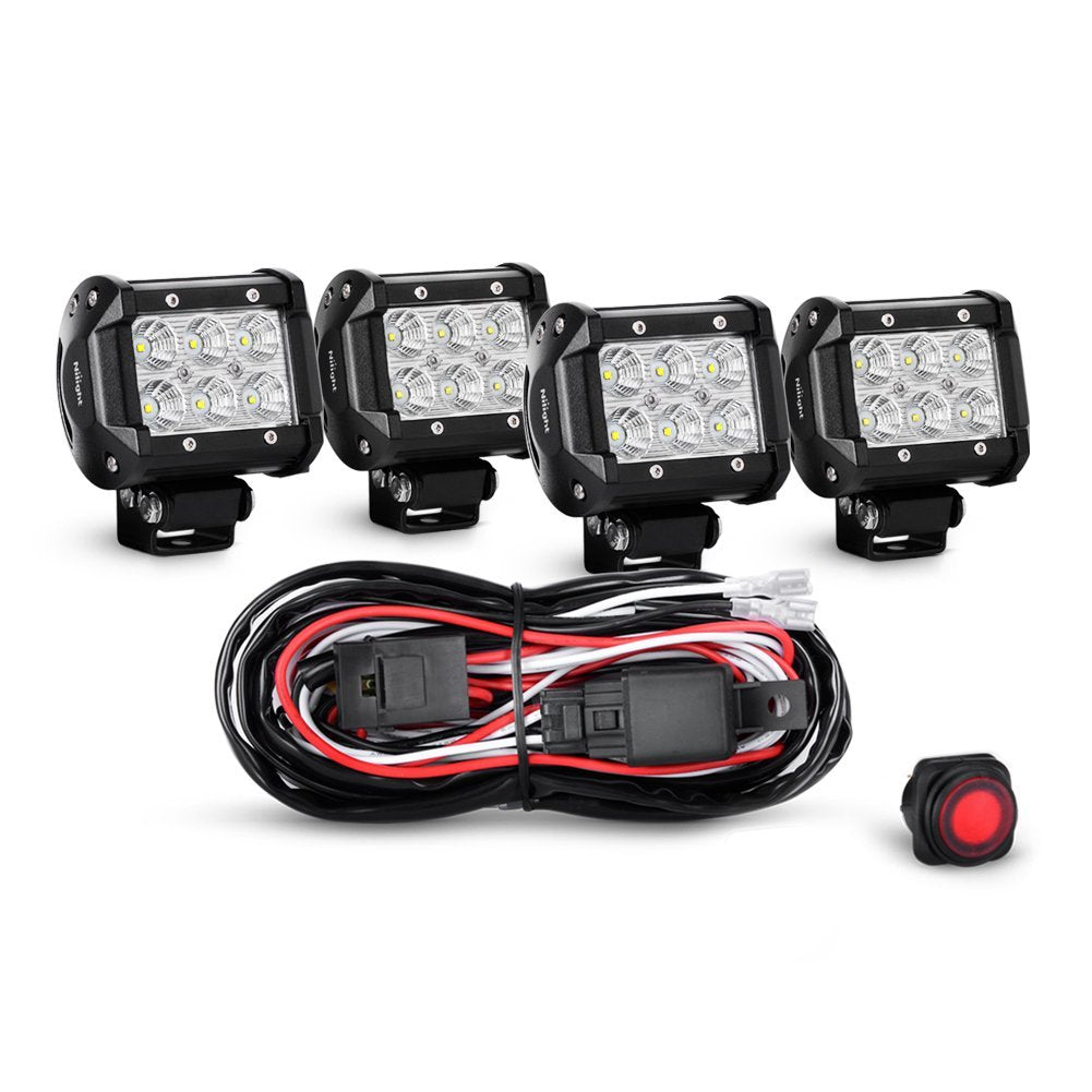 Nilight 4PCS 4 Inch 18W Flood LED Light Bars Led Work Lights Fog Lights Off Road Light Driving Lights With Off Road Wiring Harness， 2 Years Warranty