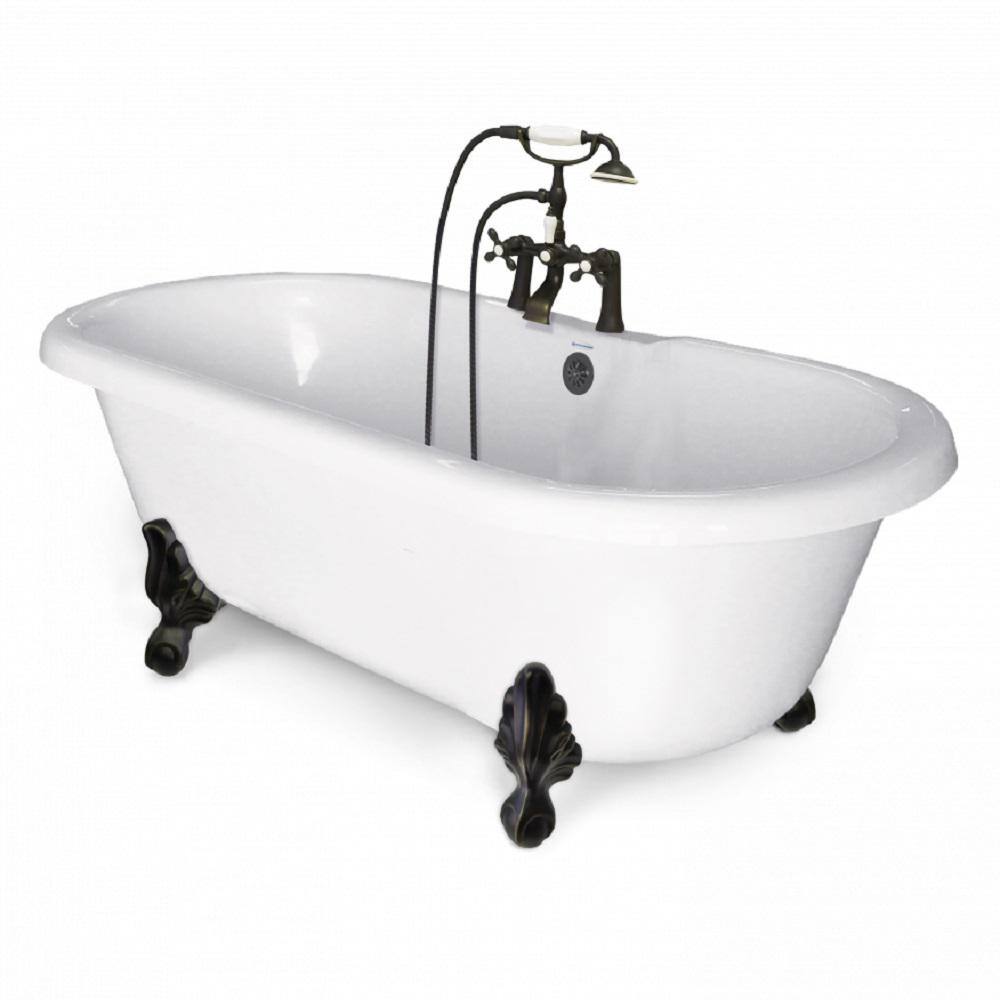 American Bath Factory 60 in. Acrylic Double Clawfoot Non-Whirlpool Bathtub in White w Large Ball Claw Feet Faucet in Old World Bronze BA-DLC60-900A-OB