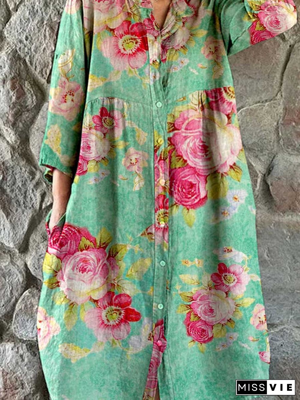 Women's Rose Floral Print Elegant Simple Shirt Cotton and LinenDress