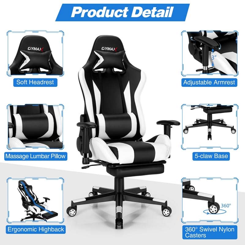 Massage Gaming Chair Recliner, High Back Ergonomic Gamer Racing Chair Adjustable Computer Chair Office Chair with Footrest, Headrest & Lumbar Support