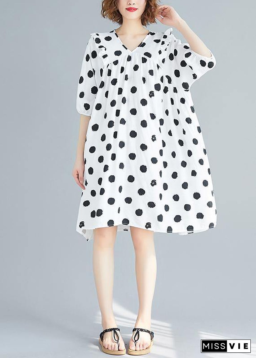 French v neck Cinched Tunics Shirts white dotted Dress summer