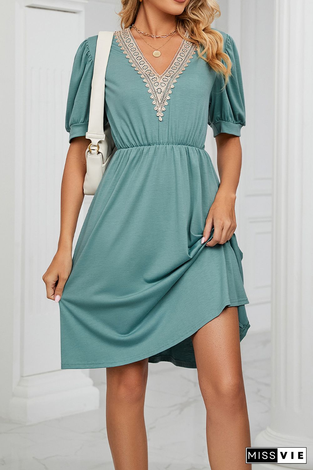 V Neck Lace Edge Pockets T-Shirt Dress