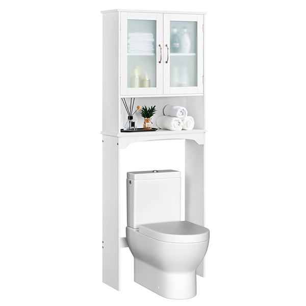 Topeakmart Over-the-Toilet Storage Cabinet with 2-Door Tempered Glass Cabinet, White