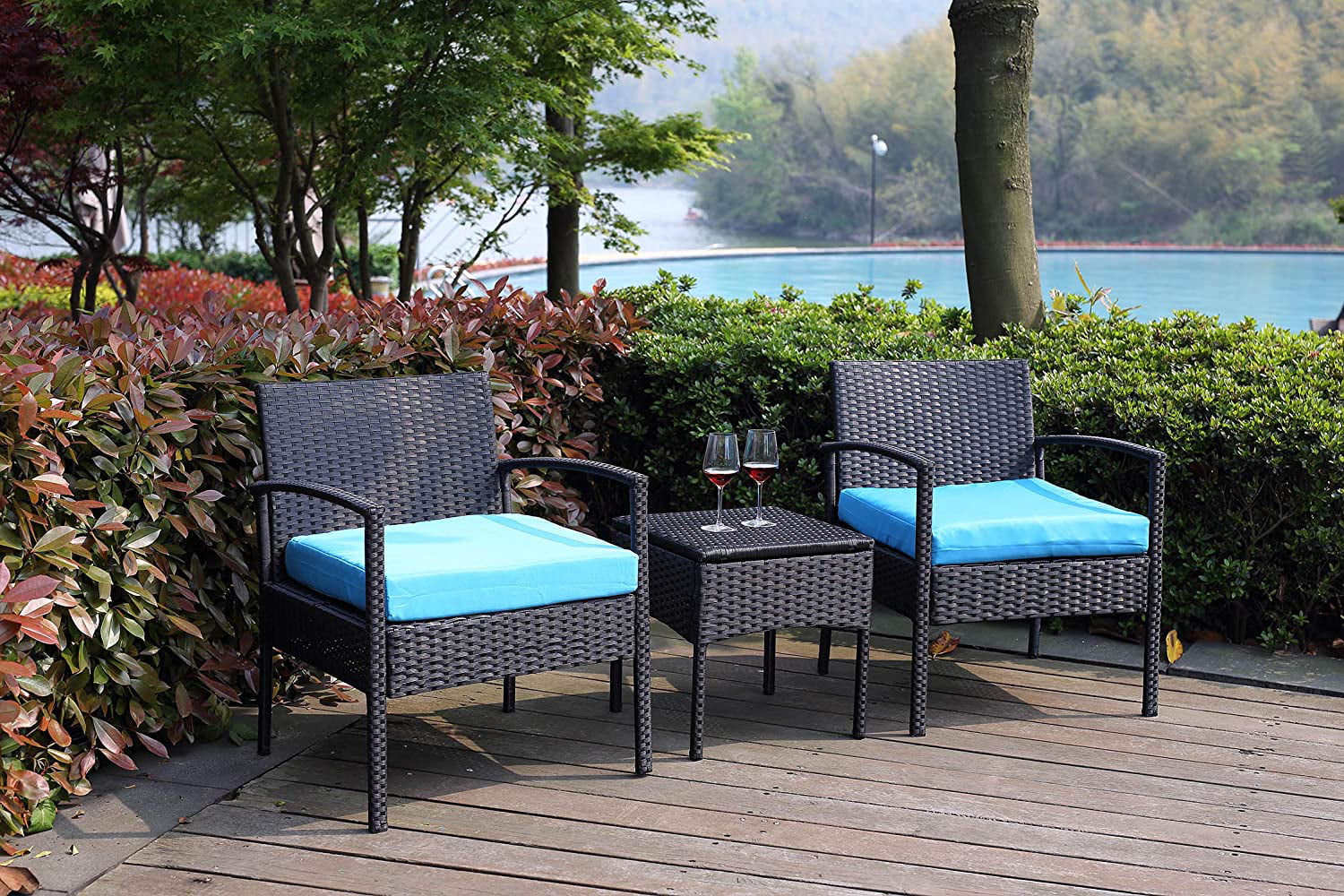 3 Piece Front Porch Patio Furniture Bistro Set， Outdoor Conversation Chairs and Table Set with Cushions， All Weather Garden Furniture for Balcony Pool Backyard Lawn， Blue