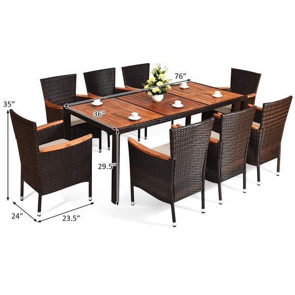 9PCS Patio Dining Set Wood Table Top Umbrella Hole Cushions Chairs