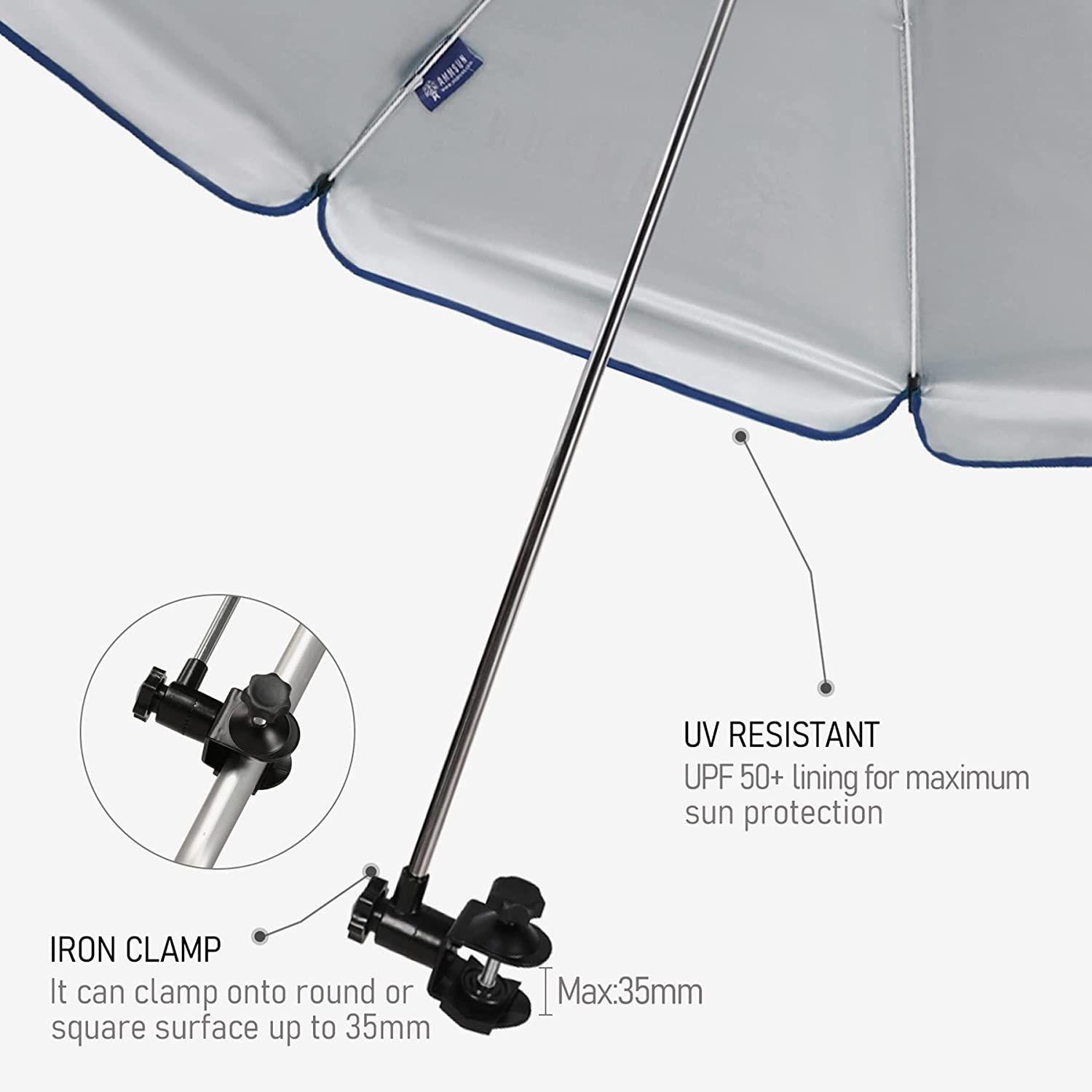 Ammsun Chair Umbrella with Universal Clamp 43 inches UV 50+ Protection,Navy Blue