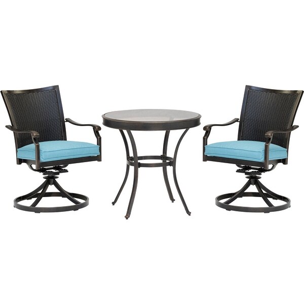 Hanover Traditions 3Piece Dining Set with 2 Wicker Back Swivel Rockers and 30 in. Round GlassTop Table