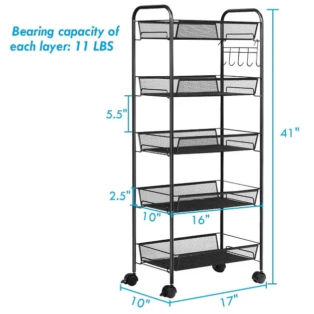 5 Tier Mesh Rolling File Utility Cart Storage Basket Home Office Kitchen Black