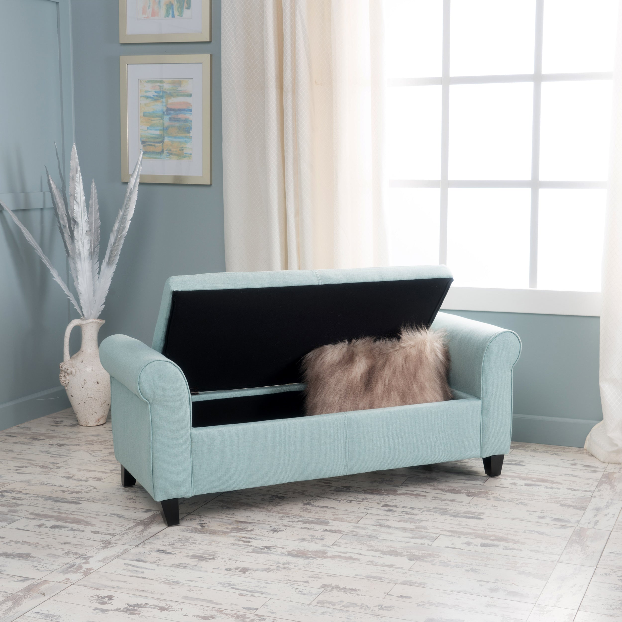 Danbury Contemporary Fabric Upholstered Storage Ottoman Bench with Rolled Arms