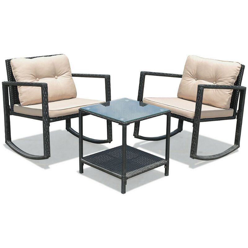 3 Pcs Wicker Rocking Bistro Set with Glass Coffee Table and Storage Shelf