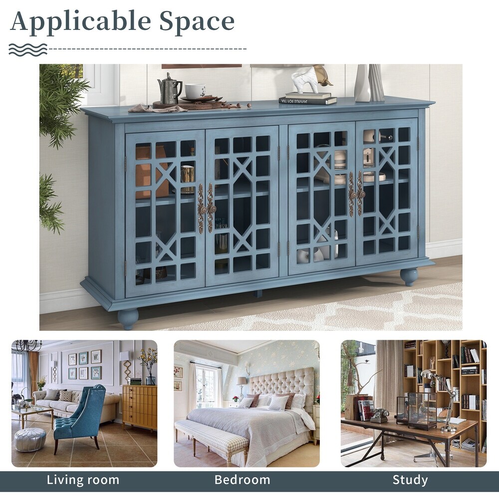 Solid Wood Sideboards with Adjustable Height Shelves  Metal Handles   4 Glass Doors for Living Room  Bedroom and Hallway