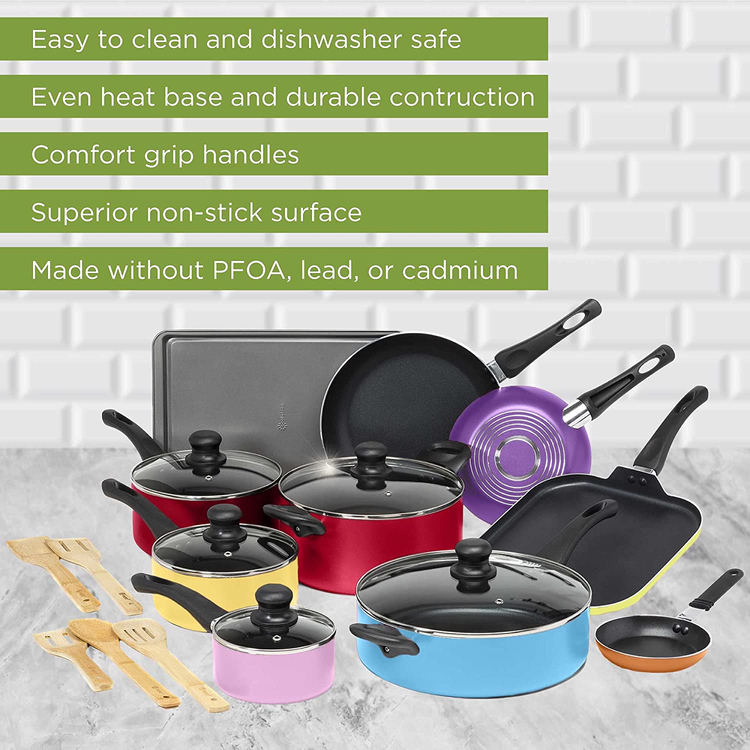 Nonstick Cookware Set, Features Kitchen Essentials, Bamboo Cooking Utensils Set, Vented Glass Lids, Ergonomic Grip Handles, Made without PFOA, Dishwasher Safe, 20-Piece, Red