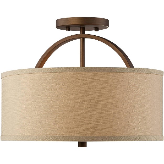 Wide Brushed Bronze 2 light Oatmeal Linen Drum For Bedroom Living Room