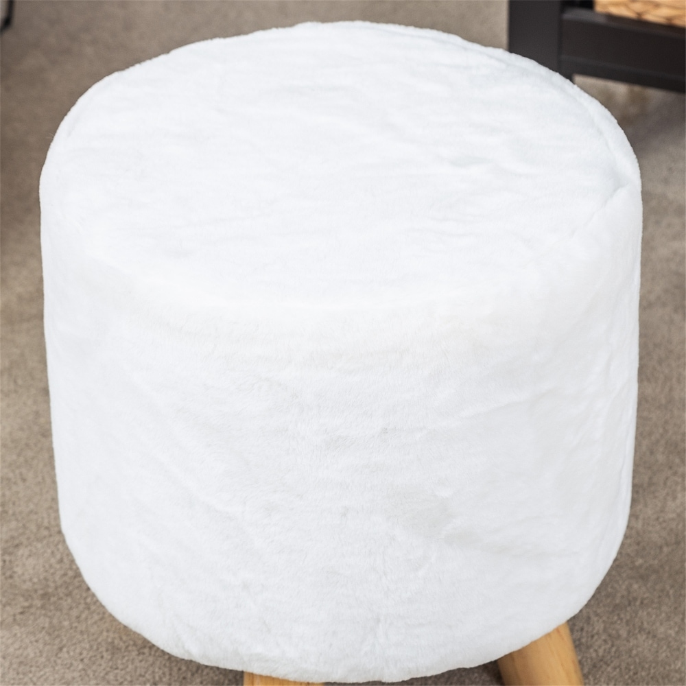 Adeco Round Ottoman Footrest Faux Fur Stool Upholstered Padded Pouf