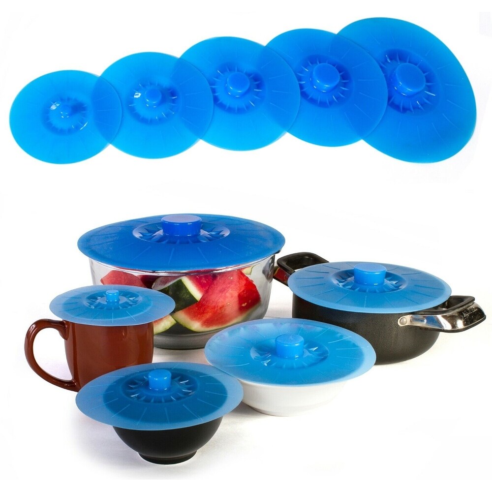 Blue Silicone Set of 5 Pan Lids Food Saver Covers