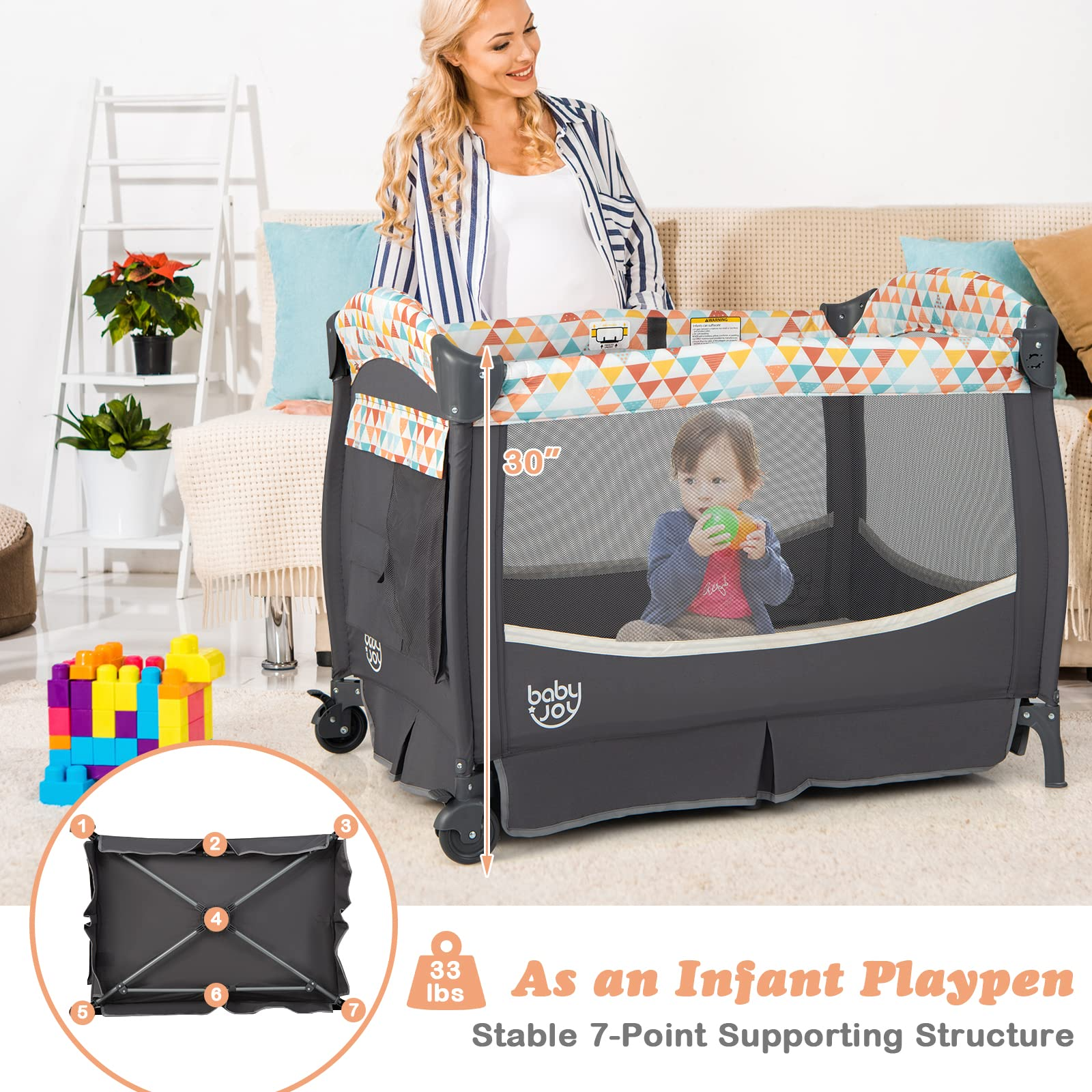 Costzon 4 in 1 Pack and Play, Portable Baby Playard with Bassinet & Flip-Away Changing Table