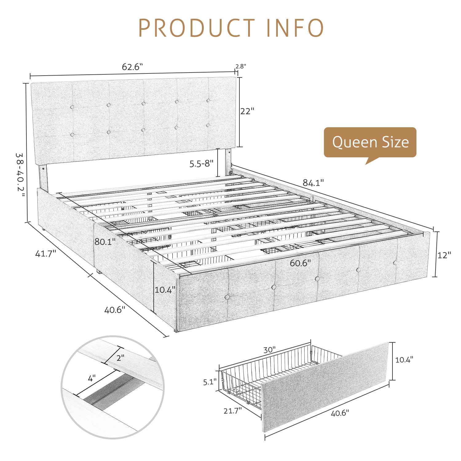 SHA CERLLIN Upholstered Queen Size Platform Bed Frame with 4 Storage Drawers, Adjustable Headboard with Square Stitched Button Tufted Design, Light Grey